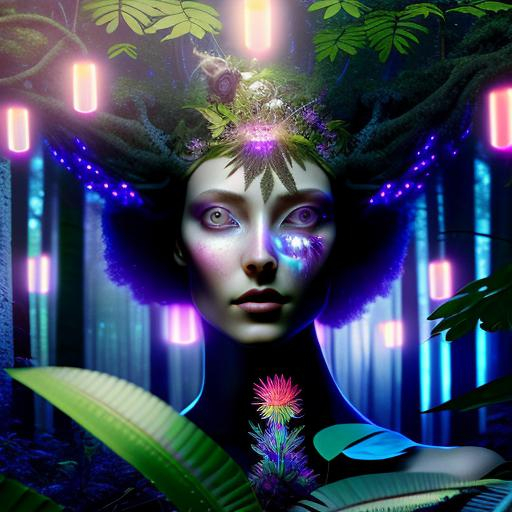 Prompt: (((Cinematic high quality photo))), (((photorealistic full-body portrait masterpiece))) of a mysterious woman, a fusion of ((floral)) and ((mechanical)) elements, wandering through an enchanted forest of bioluminescent trees and glowing plants. This unique woman has a perfect model-like body covered in lush foliage, has radiant eyes that emit a soft, mesmerizing light. It explores the surreal landscape, a realm where nature and technology coexist harmoniously. Delicate flowers intertwined with polished metal vines form a fascinating, intricate pattern on the creature's skin. High detail, UHD 4k wallpaper, by Roger Dean, Josephine Wall, H.R. Giger, and Daniel Lieske.