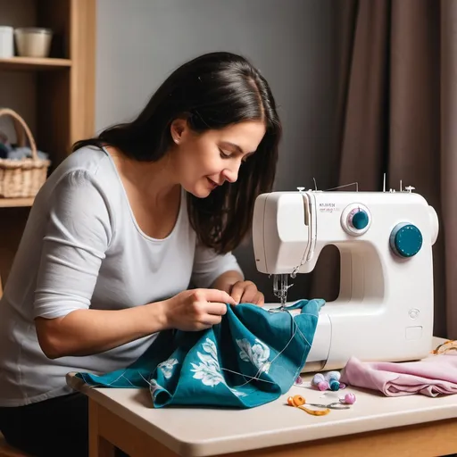 Prompt: A mother is sewing clothes for her little child 