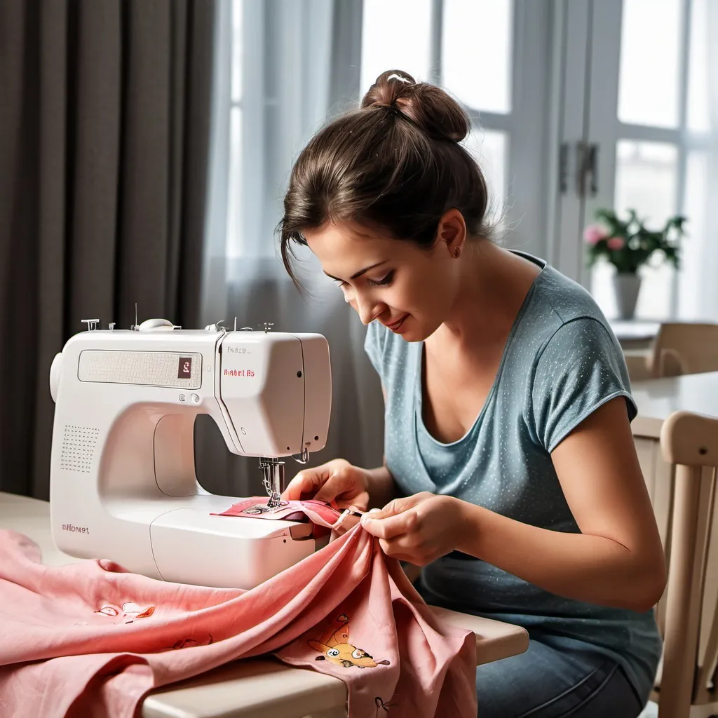 Prompt: A mother is sewing clothes for her little child 