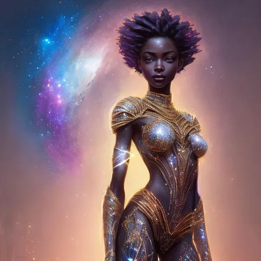 Prompt: cinematic stunning beautiful African goddess, petite 5'1 ft, wearing a sparkling intricate dressed, in love with arms wrapped around  A warrior male, height 6'1, holding her wearing sparkling intricate suit,  gazing deeply into her eyes, Star system Orion setting, intricate, beautiful colors, perfect cinematic light, digital painting, fantastic view, cinematic lighting, crisp quality, cinematic postprocessing, HQ, 8k, ultra detailed, award winning by Anna Dittmann, Huang Guangjian, Alphonse Mucha, Jordan Grimmer, Ismail Inceoglu, Sherry Akrami, Ferdinand Knab,  Naoto Hattori, Android Jones, Daniel F Gerhartz, Gustave Dore, Meghan Duncanson, Jennifer Lommers, Didier Lourenço, Blake Neubert, Gediminas Pranckevicius, Catherine Abel, George Callaghan, Jean Baptiste Monge, Jessica Rossier, Brian Froud, Gustave Baumann, Hugo Pratt, Nicki Boehme, Thomas Kinkade, Marianne Fons, Z.L. Feng, Josephine Wall, Artgerm, Van Gogh, Pino Daeni, volumetric lighting, occlusion, smooth, romantic 