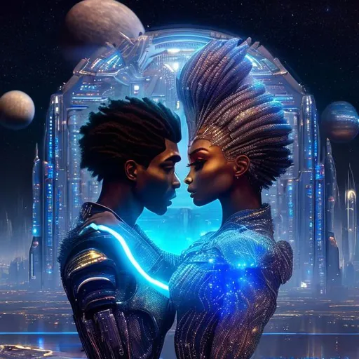 Prompt: a Story on the star system Orion, stunning beautiful African goddess, petite 5'1 ft, wearing a sparkling intricate dressed, in love with arms wrapped around  A warrior male, height 6'1, holding her wearing sparkling intricate suit,  gazing deeply into her eyes, Star system Orion City scene, Large structures of futuristic alien buildings, futuristic alien water systems, Large planets in the sky, intricate, beautiful colors, perfect cinematic light, digital painting,, crisp quality, Large shot cinematic city of Orion, HQ, 8k, ultra detailed, award winning by Anna Dittmann, Huang Guangjian, Alphonse Mucha, Jordan Grimmer, Ismail Inceoglu, Sherry Akrami, Ferdinand Knab,  Naoto Hattori, Android Jones, Daniel F Gerhartz, Gustave Dore, Meghan Duncanson, Jennifer Lommers, Didier Lourenço, Blake Neubert, Gediminas Pranckevicius, Catherine Abel, George Callaghan, Jean Baptiste Monge, Jessica Rossier, Brian Froud, Gustave Baumann, Hugo Pratt, Nicki Boehme, Thomas Kinkade, Marianne Fons, Z.L. Feng, Josephine Wall, Artgerm, Van Gogh, Pino Daeni, volumetric lighting, occlusion, smooth, romantic 