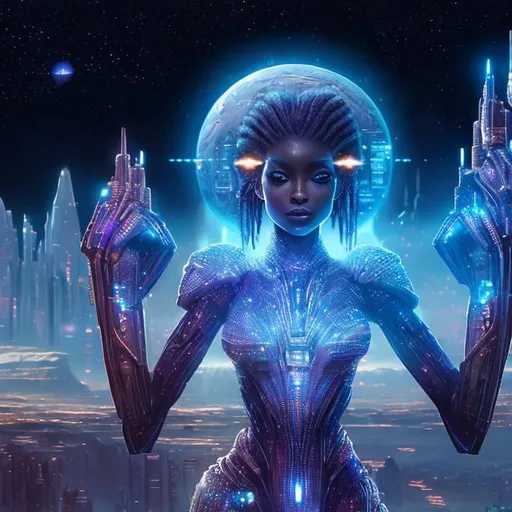 Prompt: a Story on the star system Orion, stunning beautiful African goddess, petite 5'1 ft, wearing a sparkling intricate dressed, in love with arms wrapped around  A warrior male, height 6'1, holding her wearing sparkling intricate suit,  gazing deeply into her eyes, Star system Orion City scene, Large structures of futuristic alien buildings, futuristic alien water systems, Large planets in the sky, intricate, beautiful colors, perfect cinematic light, digital painting,, crisp quality, Large shot cinematic city of Orion, HQ, 8k, ultra detailed, award winning by Anna Dittmann, Huang Guangjian, Alphonse Mucha, Jordan Grimmer, Ismail Inceoglu, Sherry Akrami, Ferdinand Knab,  Naoto Hattori, Android Jones, Daniel F Gerhartz, Gustave Dore, Meghan Duncanson, Jennifer Lommers, Didier Lourenço, Blake Neubert, Gediminas Pranckevicius, Catherine Abel, George Callaghan, Jean Baptiste Monge, Jessica Rossier, Brian Froud, Gustave Baumann, Hugo Pratt, Nicki Boehme, Thomas Kinkade, Marianne Fons, Z.L. Feng, Josephine Wall, Artgerm, Van Gogh, Pino Daeni, volumetric lighting, occlusion, smooth, romantic 