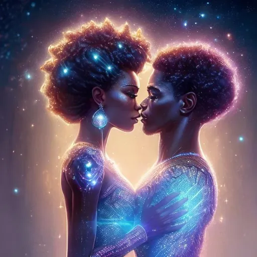 Prompt: a Story on the star system Orion, stunning beautiful African goddess, petite 5'1 ft, wearing a sparkling intricate dressed, in love with arms wrapped around  A warrior male, height 6'1, holding her wearing sparkling intricate suit,  gazing deeply into her eyes, Star system Orion setting, intricate, beautiful colors, perfect cinematic light, digital painting, fantastic view, cinematic lighting, crisp quality, cinematic postprocessing, HQ, 8k, ultra detailed, award winning by Anna Dittmann, Huang Guangjian, Alphonse Mucha, Jordan Grimmer, Ismail Inceoglu, Sherry Akrami, Ferdinand Knab,  Naoto Hattori, Android Jones, Daniel F Gerhartz, Gustave Dore, Meghan Duncanson, Jennifer Lommers, Didier Lourenço, Blake Neubert, Gediminas Pranckevicius, Catherine Abel, George Callaghan, Jean Baptiste Monge, Jessica Rossier, Brian Froud, Gustave Baumann, Hugo Pratt, Nicki Boehme, Thomas Kinkade, Marianne Fons, Z.L. Feng, Josephine Wall, Artgerm, Van Gogh, Pino Daeni, volumetric lighting, occlusion, smooth, romantic 