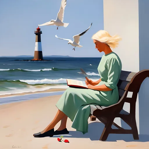 Prompt: You create an oil painting in the style of Edward Hopper, using bright colors. The landscape is a sand dune by the sea. A woman with her back to you is sitting on a bench, holding a book. She is wearing modern 2020 clothing. Beside her on the wooden bench is a bouquet of roses and a book. On the cover of the book is the title: "Ulysse". She looks out to sea. Seagulls fly in the sky. To the left, a lighthouse, and a gentle breeze lifts her short white hair.