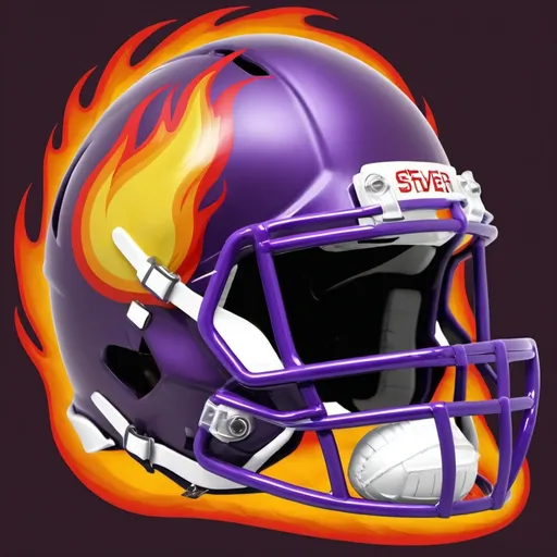 Prompt: Create an american football helmet with flames and the name Stever on it, use the colors purple with red and yellow flames