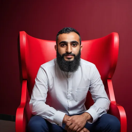 Prompt: a man with a beard sitting in a red chair with a red chair behind him and a red chair behind him, Fathi Hassan, hurufiyya, profile picture, a picture