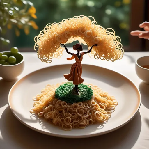 Prompt: A whimsical miniature figure composed of delicately arranged noodles, poised in carefree dance on the rim of a plate, white shiny plate, set on a table, vibrant kitchen backdrop, where dappled sunlight filters through the canopy above, casting intricate shadows. The overall aesthetic is ethereal, with warm, earthy tones of sienna, umber, infused with hints of emerald and golden light, evoking a sense of wonder and enchantment, as if plucked from a fantastical ream