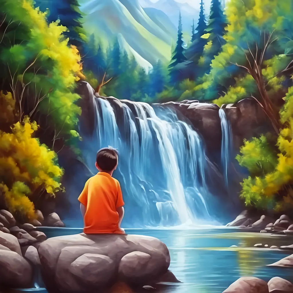 Prompt: A boy is sitting near mountains waterfalls and trees oil painting
