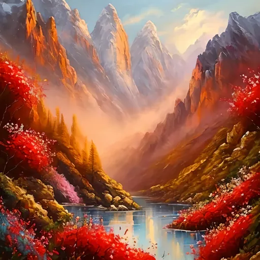 Prompt: create a scene of a beautiful red flowers in a mountains oil painting