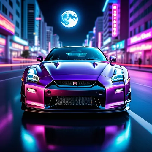 Prompt: (PC wallpaper), striking GTR sports car illuminated by vibrant neon lights, a serene full moon shining in the night sky, a dynamic cityscape background, cool blue and purple tones adding depth and vibrancy, dreamy ambiance evoking excitement, ultra-detailed, high-quality imagery, captivating atmosphere that inspires wonder and thrill.