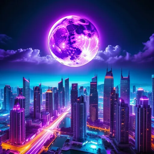 Prompt: (PC wallpaper), illuminated by vibrant neon lights, a serene full moon shining in the night sky, a dynamic cityscape background, cool blue and purple tones adding depth and vibrancy, dreamy ambiance evoking excitement, ultra-detailed, high-quality imagery, captivating atmosphere that inspires wonder and thrill.