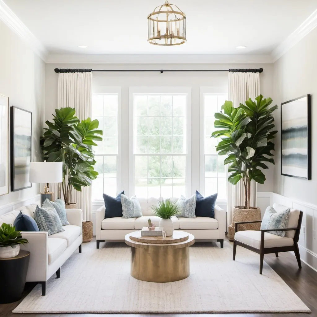 Prompt: Interior Photography, Professional Photography, Modern living room, Luxurious living, Live plants, Shiplap, Crisp, White, Professional, HGTV