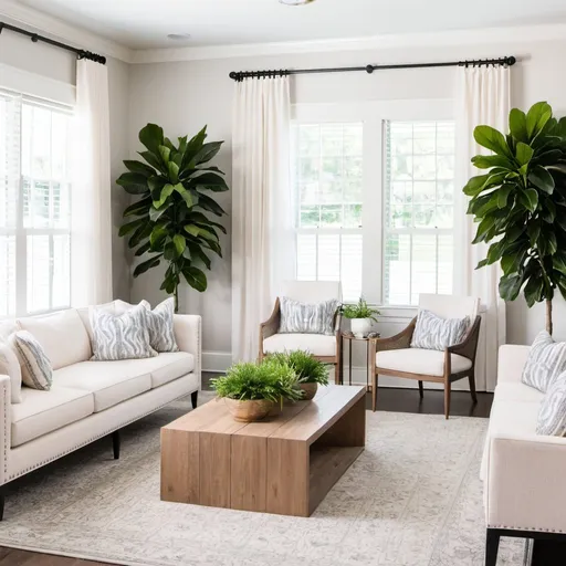 Prompt: Interior Photography, Professional Photography, Modern living room, Luxurious living, Live plants, Shiplap, Crisp, White, Professional, HGTV