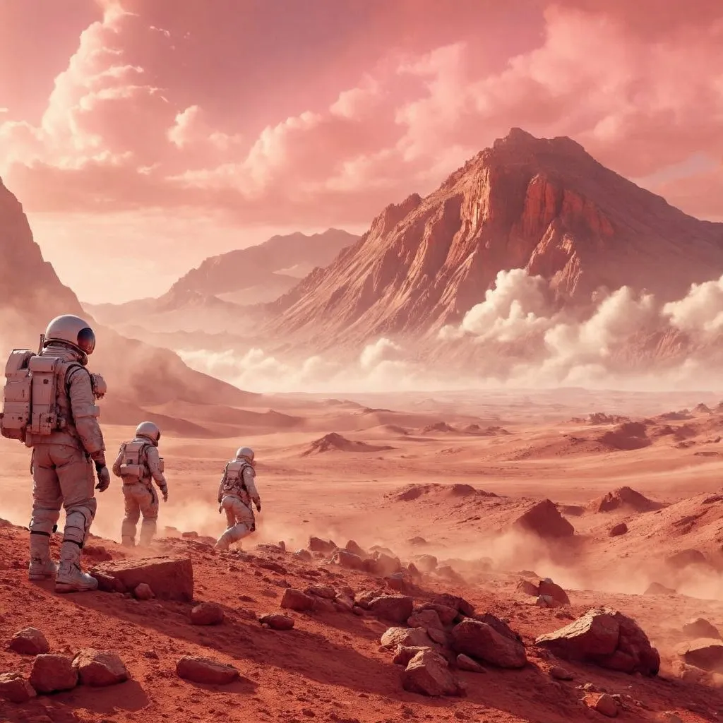 Prompt: a group of astronauts walking across a desert covered with rocks and sand in front of a mountain range with a distant planet in the background, Filip Hodas, space art, matte painting concept art, a detailed matte painting