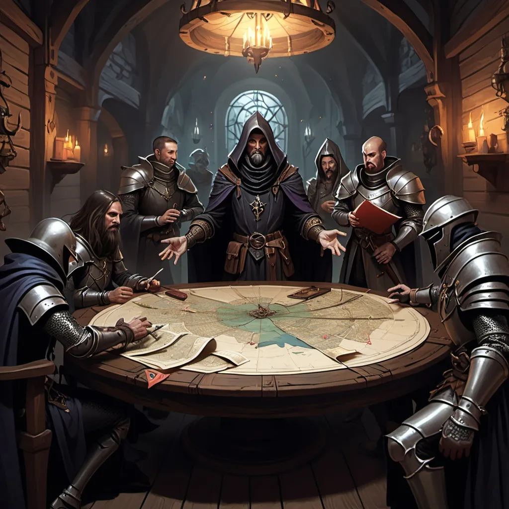 Prompt: a dark wizard presiding over a round wooden table covered in map and eldritch accouterments. His entourage of knights and rogues are seated around the table.