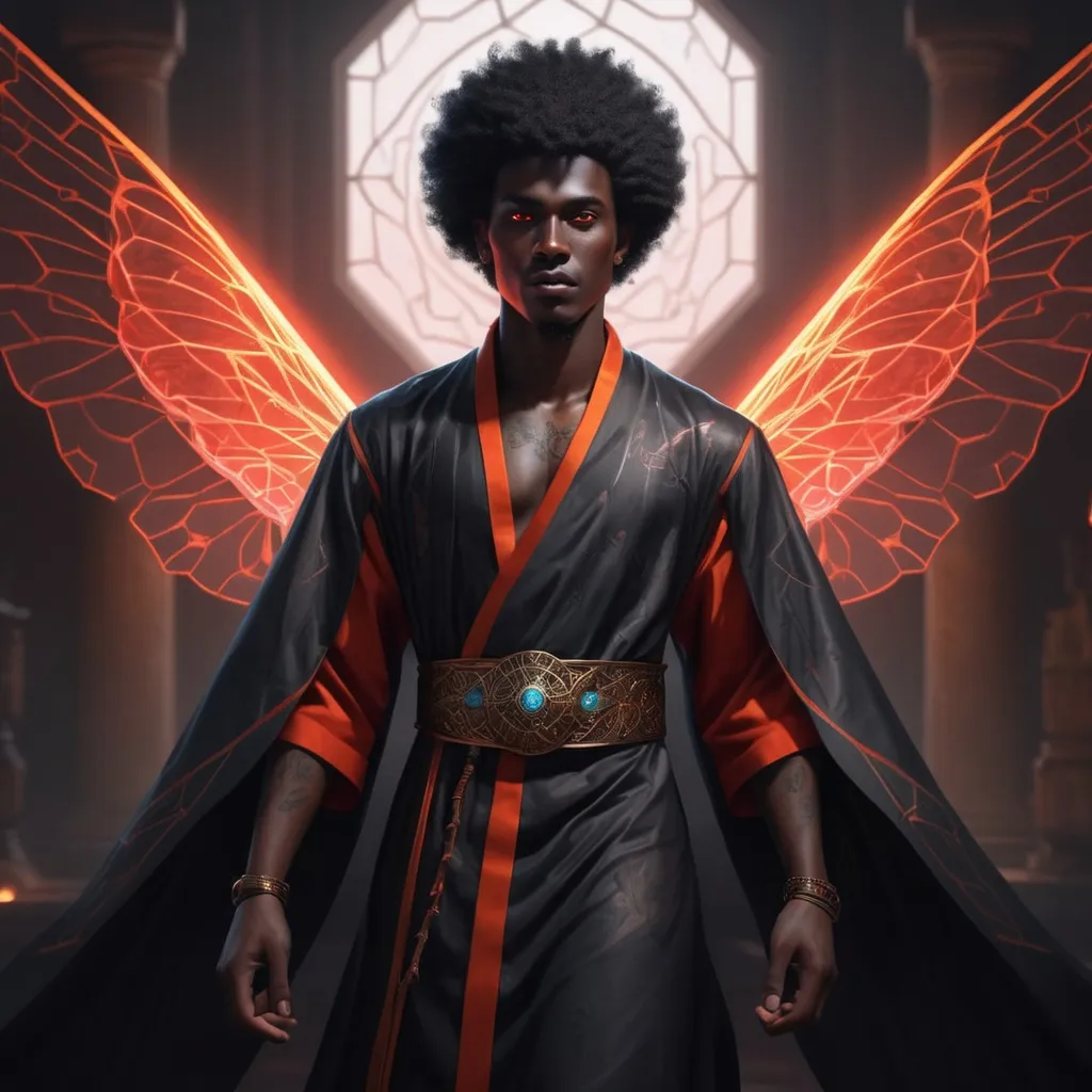 Prompt: ((best quality)), ((illustration)), ((masterpiece)), bright  colors, unreal engine, highres, fantasy, 1 man, Dark skin, 20 years old, insects flying, Red glowing eyes, black hair, afro, distinguished Geometric tatoos on his face, , Aura of power, highly detailed, cloack, long robe, Portrait 