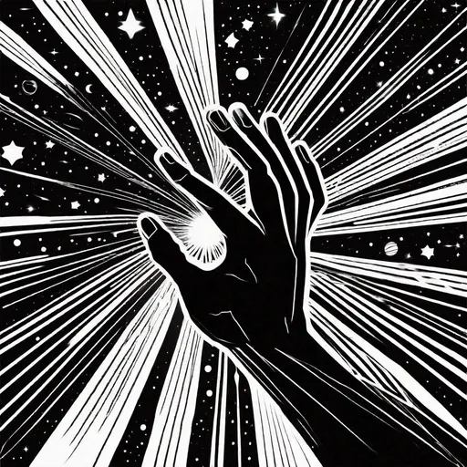 Prompt: a hand painting the nothing out of a galaxy, space, line art, vector based, black and white, black background, white lines, logo
