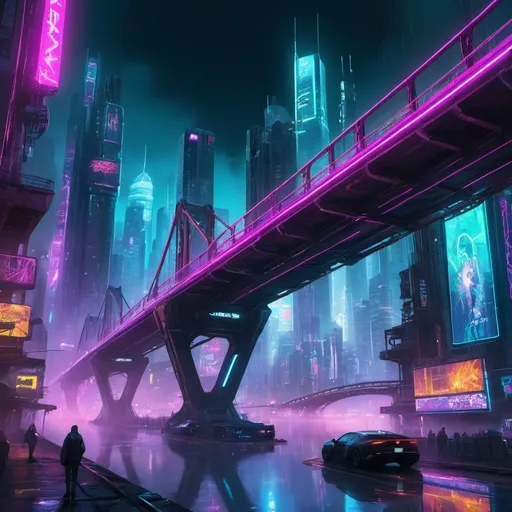 Prompt: Two cyberpunk style Bridges are connected together