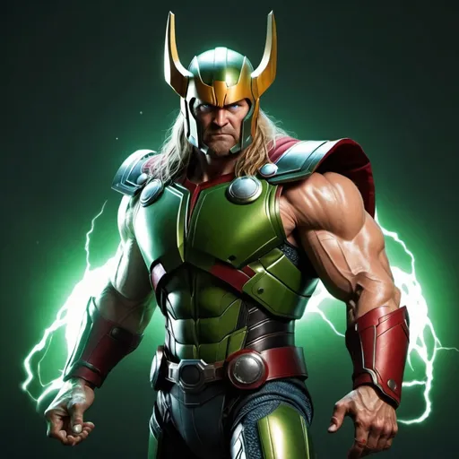 Prompt: classic thor combine with ironman with green skin, lighting, with wolverine claw,Quake, ID software, mythological space military character