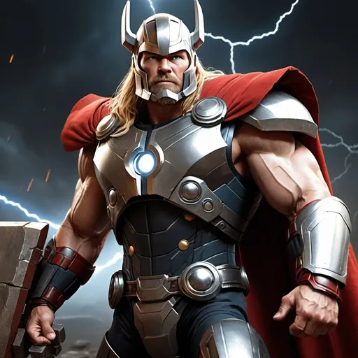 Prompt: classic thor combine with ironman with strom braker, lighting, Quake, ID software, mythological space military character