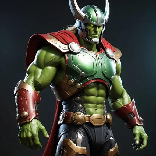 Prompt: classic thor combine with ironman with green skin, lighting, Quake, ID software, mythological space military character