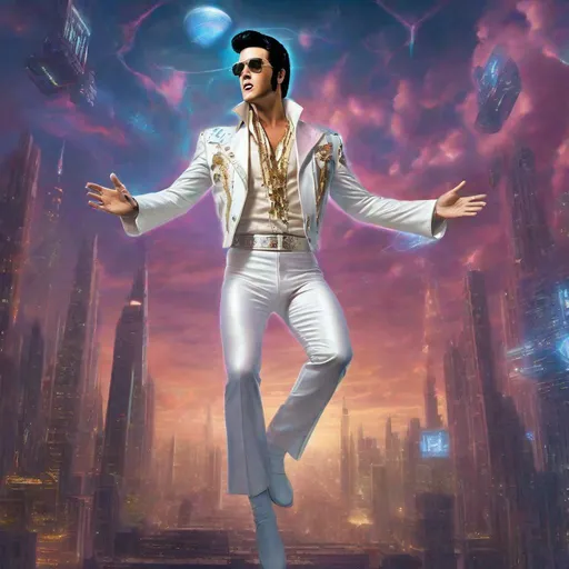 Prompt: Messianic SciFi Elvis hologram floating sky-high in the air magically divinely  over the street of a cyberpunk future city