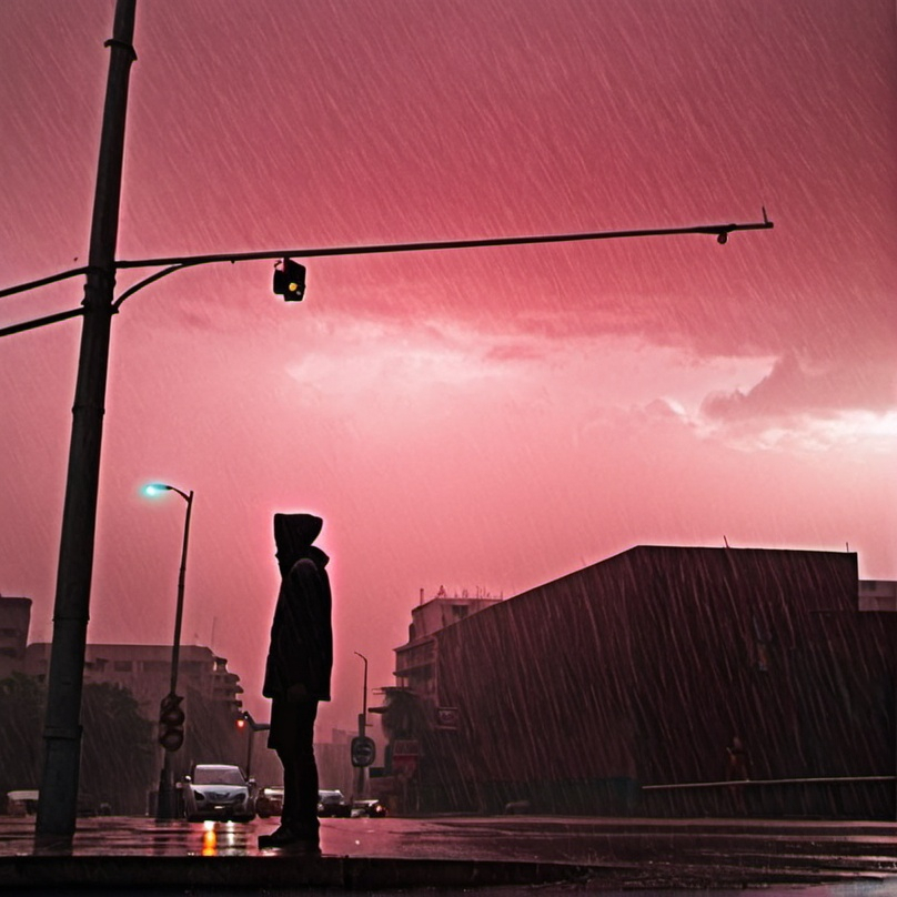 Prompt: One People looking traffic light ,the sky was  red radiant and raining
