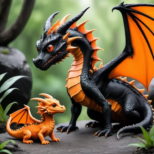 Prompt: a baby dragon in orange and black colour with his mother wo was in black orange and golden colour with netural  environment