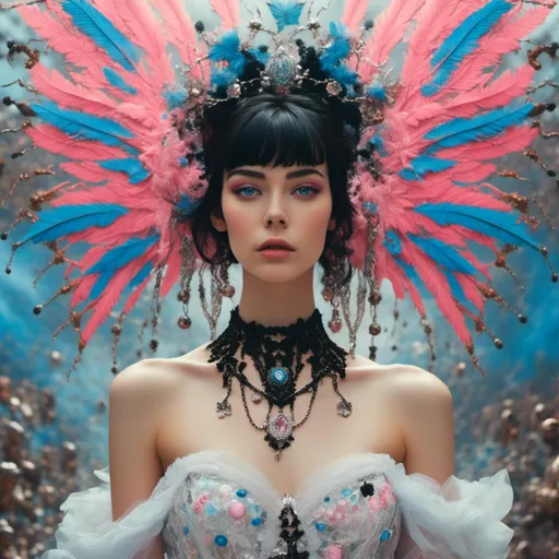 Prompt: A woman portrait in Midjourney  
<mymodel>style, wearing 19s outfit beautifull like hell , wearing shining and clean white dress and black hair and heart shape netural  pink lips, blue and pink mix eyes balls , a beautiful black dimonde necklace ,model like body , blue and black wings  
