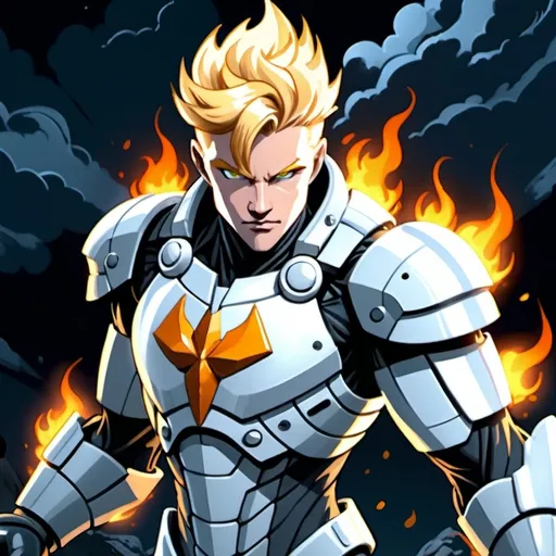 Prompt: Superhero in (futuristic blocky monochrome) white and gray armor, (hues of blazing orange), fluid full white cape billowing around, posing with dignity, blonde yellow hair styled in (1920s classic man hairstyle), hands ablaze with fiery orange flames, part of his torso and armor burning with orange flames, overlooking the dark abyss, soft moonlight casting dramatic reflections on his body, dark cinematic atmosphere, zooming out (comic book style) portrayal, conveying a sense of will and hope.