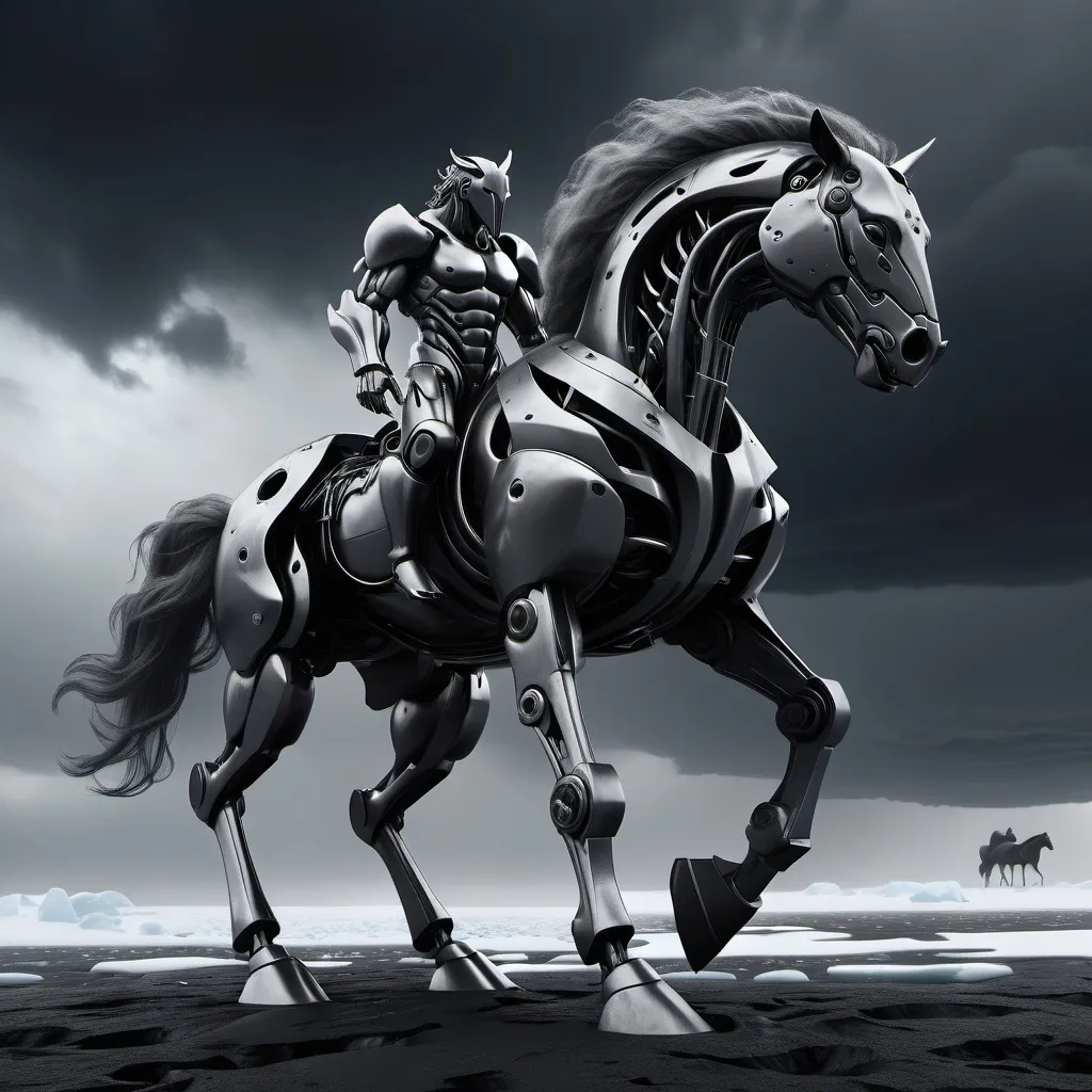 Prompt: (mechanical centaur a mech with horse hip and legs with humanoid torso and with horse head), dark grey and black monochrome color scheme, standing menacingly, stormy skies, barren Antarctic landscape, dark swirling clouds, raging wind, icy textures, snow-covered ground, dynamic atmosphere, ominous energy, (highly detailed), cinematic lighting, (4K resolution), a sense of desolation and power, mechanical details glimmering in the storm.