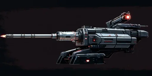 Prompt: Futuristic comic book illustration of a menacing single barreled turret weapon, with a sleek black background and ominous red lighting, detailed copper metallic texture, military artillery canon, high-tech futuristic weaponry, intense red glow, comic book style, 100mm, white aluminum metallic primary color, metallic copper brown secondary color, detailed concept art, professional, atmospheric lighting