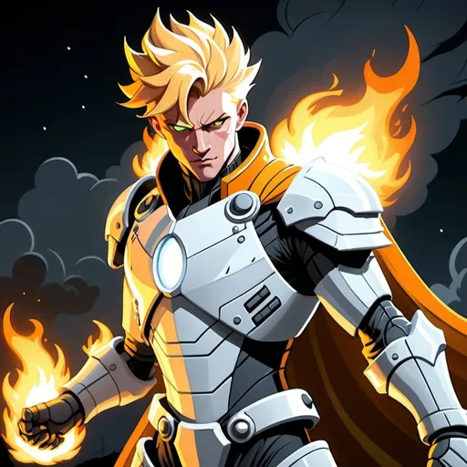 Prompt: Superhero in (futuristic blocky monochrome) white and gray armor, (hues of blazing orange), fluid full white cape billowing around, posing with dignity, blonde yellow hair styled in (1920s classic man hairstyle), hands ablaze with fiery orange flames, part of his torso and armor burning with orange flames, overlooking the dark abyss, soft moonlight casting on his body, dark cinematic atmosphere, cell shaded shadow zooming out (comic book style) portrayal, conveying a sense of will and hope.