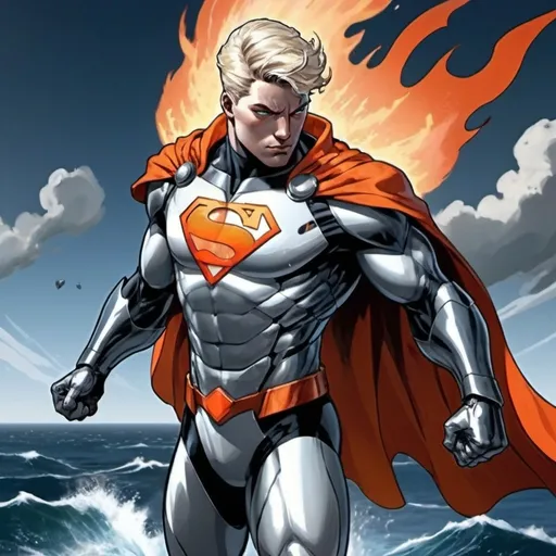 Prompt: Superhero in (futuristic monochrome) white and gray armor, (hues of blazing orange), fluid white cape billowing around, posing heroically, blonde hair styled in (1920s man hairstyle), hands ablaze with fiery orange flames, overlooking a vast Atlantic ocean, warm sunlight casting dramatic reflections on the water, cinematic atmosphere, (comic book style) portrayal, conveying a sense of power and hope.