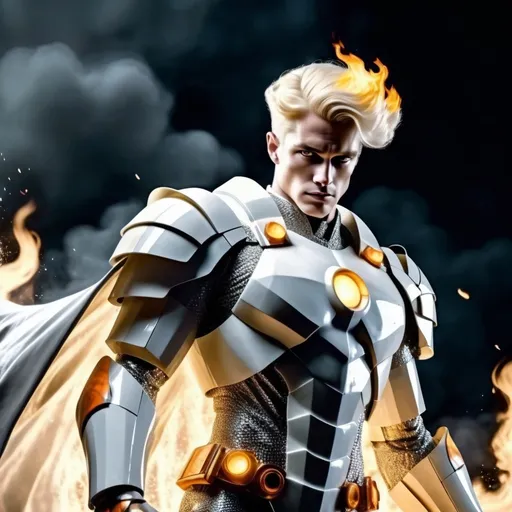 Prompt: Superhero in (retrofuturistic blocky monochrome) white and gray armor, (hues of blazing orange), fluid full pure white cape billowing around, posing with dignity, blonde yellow hair styled in 1920s classic gentleman hairstyle, hands ablaze with fiery orange flames, part of his torso and armor burning with orange flames, burning body, orange flame,pale, overlooking the dark abyss, soft moonlight casting on his body, black eye, dark atmosphere, cell shading shadow zooming out (retro comic book style) portrayal, conveying a sense of will and hope.