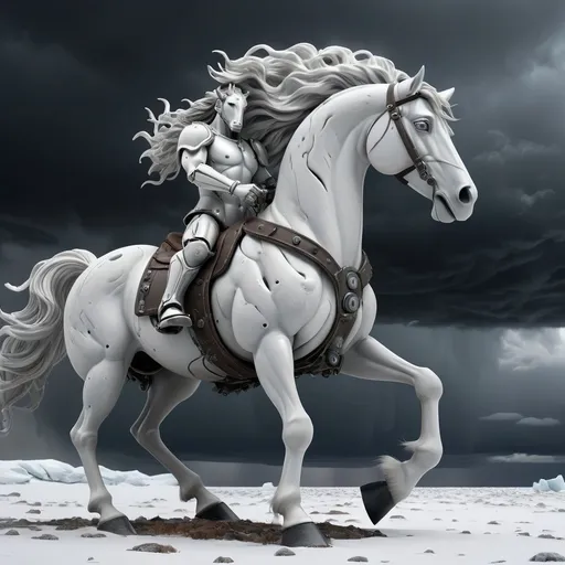 Prompt: (mechanical centaur with horse head), white monochrome color scheme, standing menacingly, stormy skies, barren Antarctic landscape, dark swirling clouds, raging wind, icy textures, snow-covered ground, dynamic atmosphere, ominous energy, (highly detailed), cinematic lighting, (4K resolution), a sense of desolation and power, mechanical details glimmering in the storm.