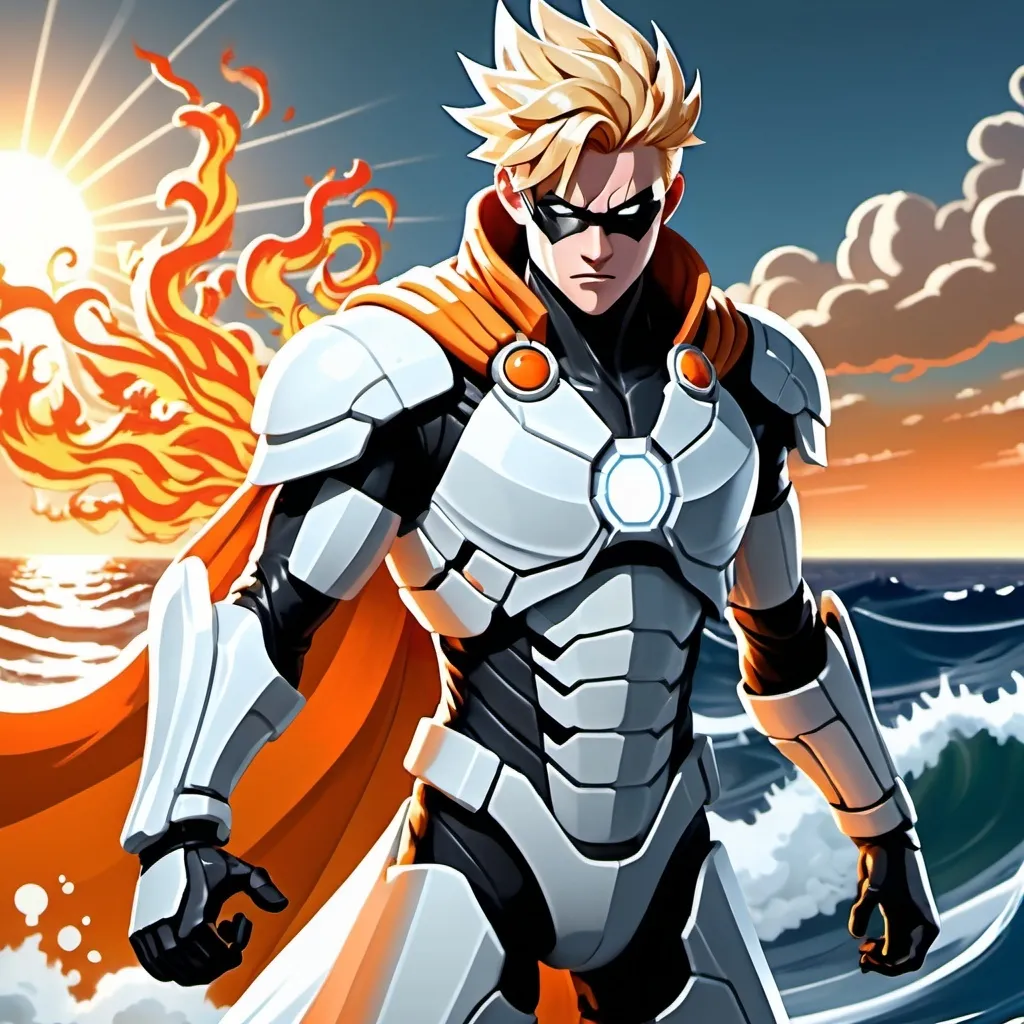 Prompt: Superhero in (futuristic blocky monochrome) white and gray armor, (hues of blazing orange), fluid white cape billowing around, posing heroically, blonde hair styled in (1920s man hairstyle), hands ablaze with fiery orange flames, overlooking a vast Atlantic ocean, warm sunlight casting dramatic reflections on the water, cinematic atmosphere, (comic book style) portrayal, conveying a sense of power and hope.