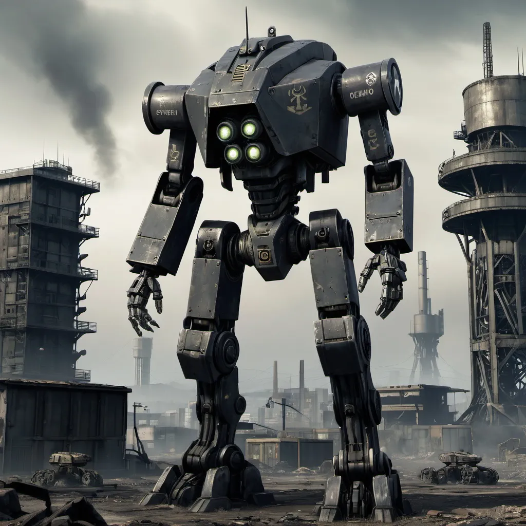 Prompt: a mech (with three one eye), standing proud amidst a barren apocalyptic city, full-body, detailed mechanical design with striking metallic textures, dark grey colored body, military pattern, tall boxy head (like cherno alpha), recognizable by its towering, heavy-duty design. Its head is notably box-shaped and reminiscent of a nuclear reactor or cooling tower, emphasizing its raw power and imposing presence. The Jaeger has a robust, industrial aesthetic that sets it apart from sleeker, more retro soviet models. Its armor is thick, with a rugged exterior that makes it look like an impenetrable fortress, neon accents, cinematic render with dramatic lighting, gothic architecture looming in the background, dark and eerie ambiance, apocalyptic ruins scattered, ultra-detailed, atmospheric contrasts accentuating the mech's dominance, dark sky