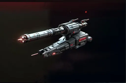 Prompt: Futuristic comic book illustration of a menacing single barreled turret weapon, with a sleek black background and ominous red lighting, detailed copper metallic texture, military artillery canon, high-tech futuristic weaponry, intense red glow, comic book style, 100mm, white aluminum metallic primary color, metallic copper brown secondary color, detailed concept art, professional, atmospheric lighting