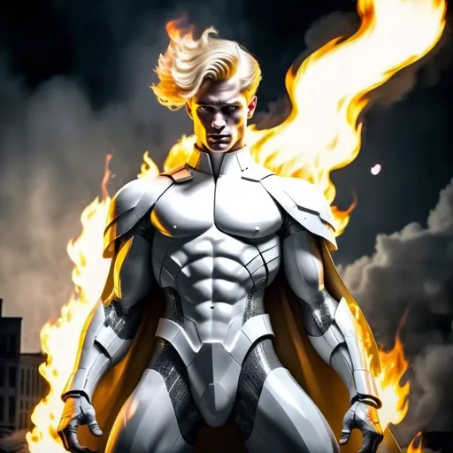 Prompt: Superhero in (retrofuturistic blocky monochrome) white and gray armor, (hues of blazing orange), fluid full pure white cape billowing around, posing with dignity, blonde yellow hair styled in 1920s classic gentleman hairstyle, hands ablaze with fiery orange flames, part of his torso and armor burning with orange flames, burning body, orange flame,pale, overlooking the dark abyss, soft moonlight casting on his body, black eye, dark atmosphere, cell shading shadow zooming out (retro comic book style) portrayal, conveying a sense of will and hope.