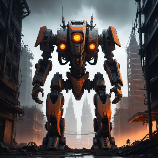 Prompt: a mech (with three (vibrant orange) eyes), standing proud amidst a barren apocalyptic city, full-body, detailed mechanical design with striking metallic textures, neon accents, cinematic render with dramatic lighting, gothic architecture looming in the background, dark and eerie ambiance, apocalyptic ruins scattered, ultra-detailed, atmospheric contrasts accentuating the mech's dominance.