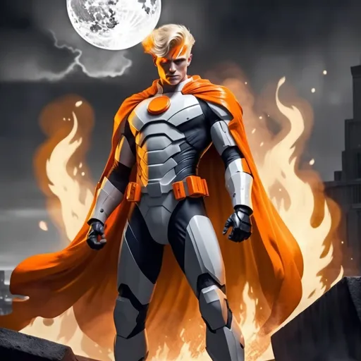 Prompt: Superhero in (retrofuturistic blocky monochrome) white and gray armor, (hues of blazing orange), fluid full white cape billowing around, posing with dignity, blonde yellow hair styled in 1920s classic man hairstyle, hands ablaze with fiery orange flames, part of his torso and armor burning with orange flames, overlooking the dark abyss, soft moonlight casting on his body, black eye, dark atmosphere, cell shading shadow zooming out (retro comic book style) portrayal, conveying a sense of will and hope.