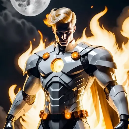 Prompt: Superhero in (retrofuturistic blocky monochrome) white and gray armor, (hues of blazing orange), fluid full pure white cape billowing around, posing with dignity, blonde yellow hair styled in 1920s classic gentleman hairstyle, hands ablaze with fiery orange flames, part of his torso and armor burning with orange flames, overlooking the dark abyss, soft moonlight casting on his body, black eye, dark atmosphere, cell shading shadow zooming out (retro comic book style) portrayal, conveying a sense of will and hope.