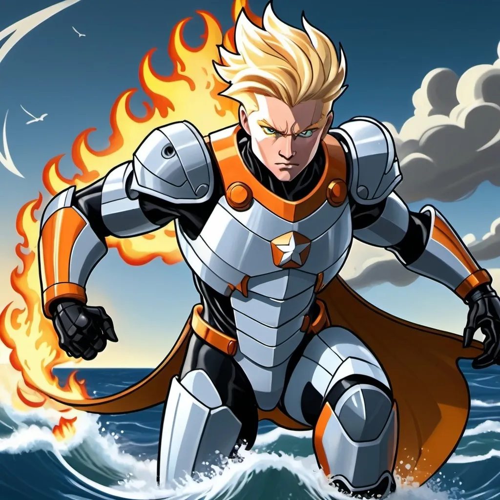 Prompt: Superhero in (futuristic blocky monochrome) white and gray armor, (hues of blazing orange), fluid white cape billowing around, posing heroically, blonde yellow hair styled in (1920s man hairstyle), hands ablaze with fiery orange flames, overlooking a vast Atlantic ocean, warm sunlight casting dramatic reflections on the water, cinematic atmosphere, (comic book style) portrayal, conveying a sense of power and hope.