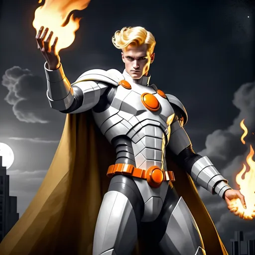 Prompt: Superhero in (retrofuturistic blocky monochrome) white and gray armor, (hues of blazing orange), fluid full pure white cape billowing around, posing with dignity, blonde yellow hair styled in 1920s classic gentleman hairstyle, hands ablaze with fiery orange flames, part of his torso and armor burning with orange flames, overlooking the dark abyss, soft moonlight casting on his body, black eye, dark atmosphere, cell shading shadow zooming out (retro comic book style) portrayal, conveying a sense of will and hope.