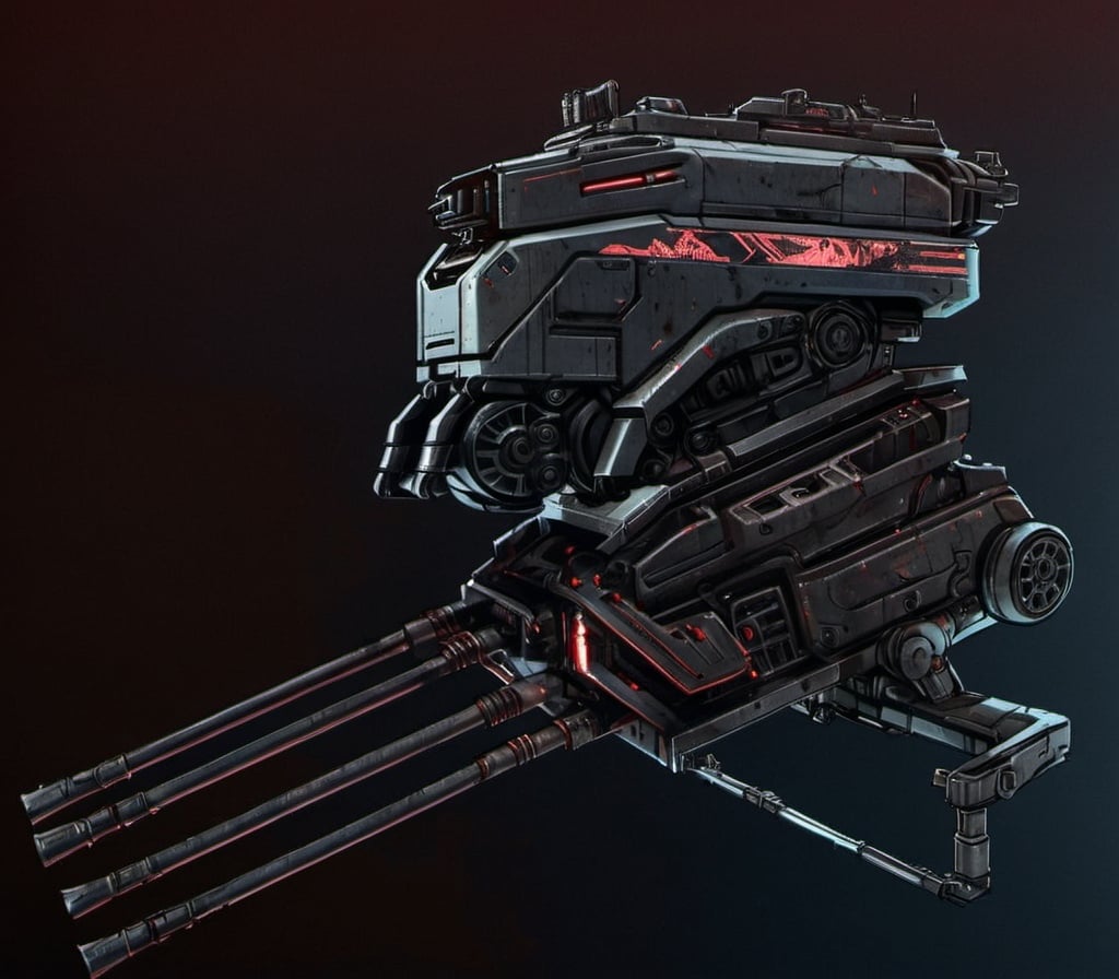 Prompt: Futuristic comic book illustration of a menacing four barreled turret weapon, with a sleek black background and ominous red lighting, detailed copper metallic texture, military artillery canon, high-tech futuristic weaponry, intense red glow, comic book style, 100mm, white aluminum metallic primary color, metallic copper brown secondary color, detailed concept art, professional, atmospheric lighting