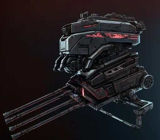 Prompt: Futuristic comic book illustration of a menacing four barreled turret weapon, with a sleek black background and ominous red lighting, detailed copper metallic texture, military artillery canon, high-tech futuristic weaponry, intense red glow, comic book style, 100mm, white aluminum metallic primary color, metallic copper brown secondary color, detailed concept art, professional, atmospheric lighting