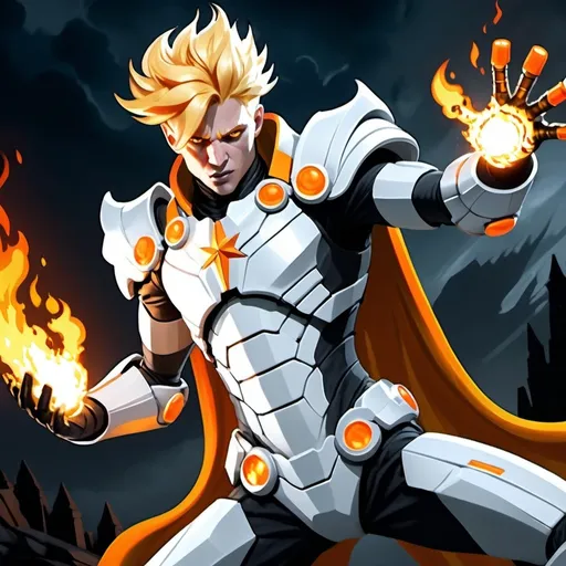 Prompt: Superhero in (futuristic blocky monochrome) white and gray armor, (hues of blazing orange), fluid full white cape billowing around, posing heroically, blonde yellow hair styled in (1920s man hairstyle), hands ablaze with fiery orange flames, part of his torso burning, overlooking the dark abyss, soft moonlight casting dramatic reflections on his body, dark cinematic atmosphere, (comic book style) portrayal, conveying a sense of power and hope.