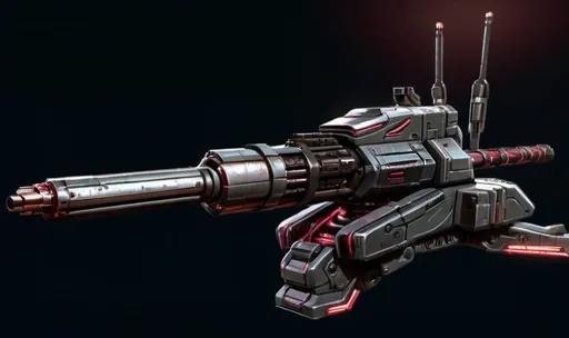 Prompt: Futuristic comic book illustration of a menacing single barreled turret weapon, with a sleek black background and ominous red lighting, detailed copper metallic texture, military artillery canon, high-tech futuristic weaponry, intense red glow, comic book style, 100mm, white aluminum metallic primary color, metallic copper brown secondary color, detailed concept art, professional, atmospheric lighting