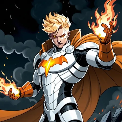 Prompt: Superhero in (futuristic blocky monochrome) white and gray armor, (hues of blazing orange), fluid full white cape billowing around, posing heroically, blonde yellow hair styled in (1920s classic man hairstyle), hands ablaze with fiery orange flames, part of his torso and armor burning with orange flames, overlooking the dark abyss, soft moonlight casting dramatic reflections on his body, dark cinematic atmosphere, (comic book style) portrayal, conveying a sense of power and hope.